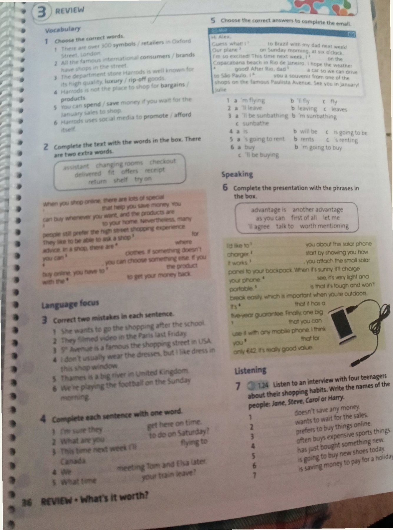 Foto real de una página de ejercicios de inglés
